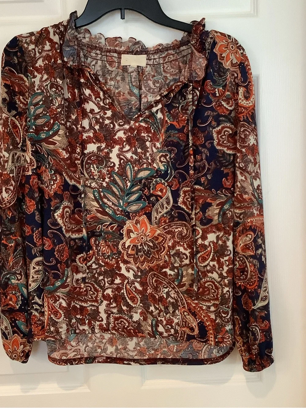 MELLODAY Paisley Keyhole Blouse in Navy, Rust, Teal